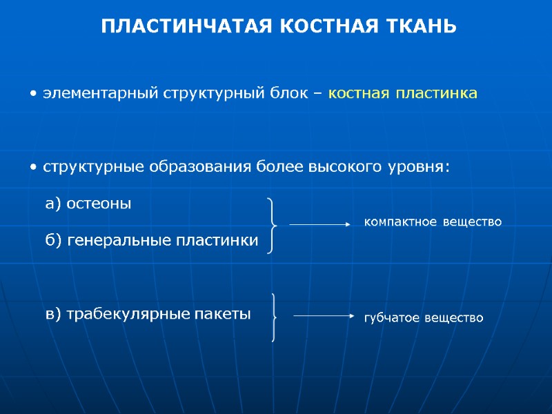 ПЛАСТИНЧАТАЯ КОСТНАЯ ТКАНЬ  элементарный структурный блок – костная пластинка   структурные образования